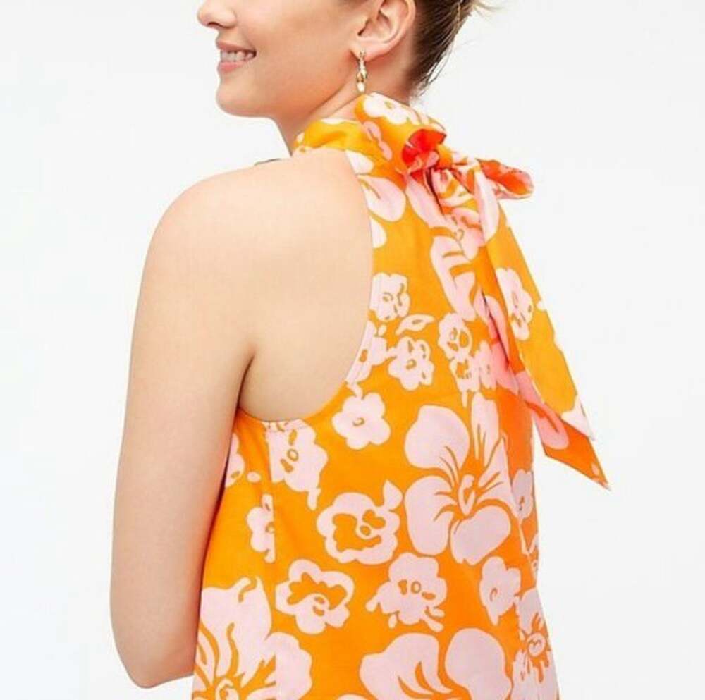 J.Crew Orange and Pink Tropical Hibiscus Floral Halter Neck Mini Dress Size 00